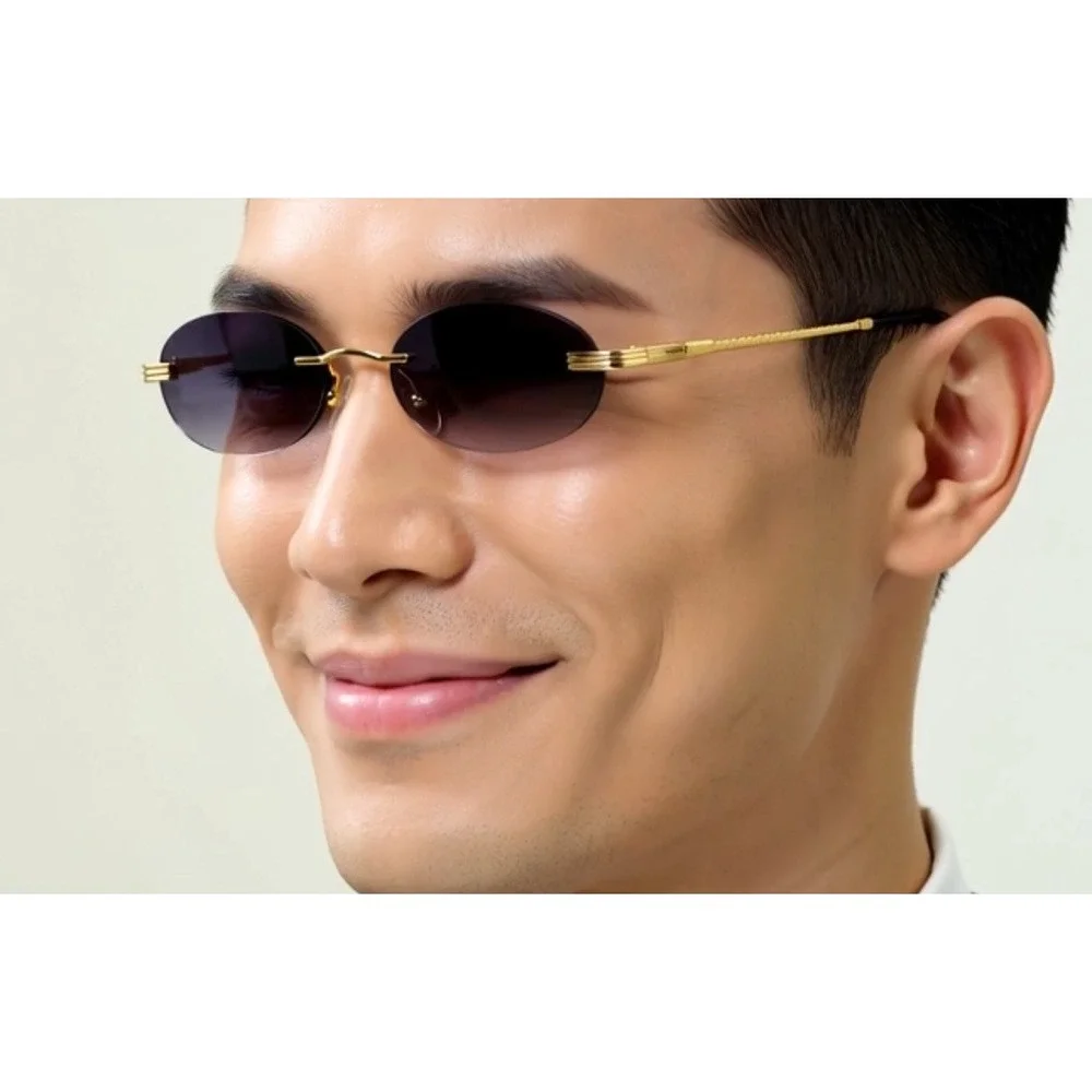 Rimless Sunglasses Oval Gray Black Lens Gold Frame Men's‎ Fashion Eyewear Lentes